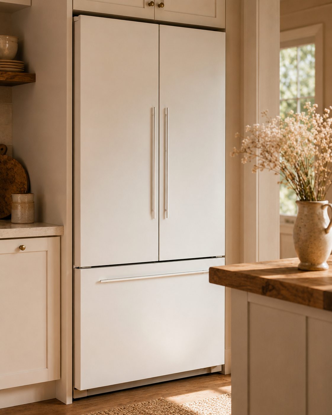 A bright kitchen with a white fridge, the kind of room the player lives in.