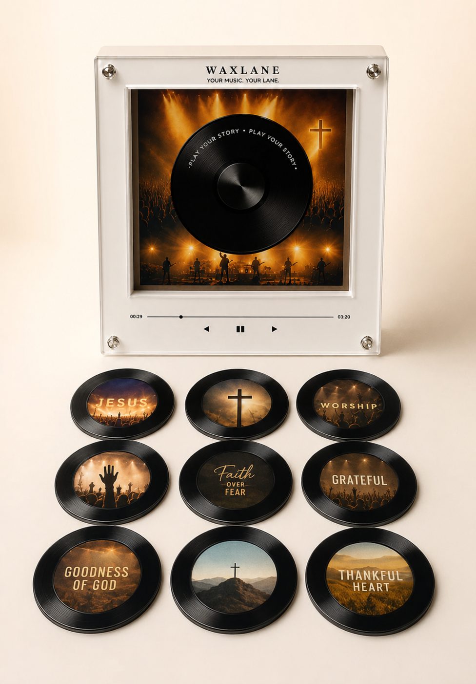 The Waxlane Worship Edition player standing above its nine worship discs on a cream background.