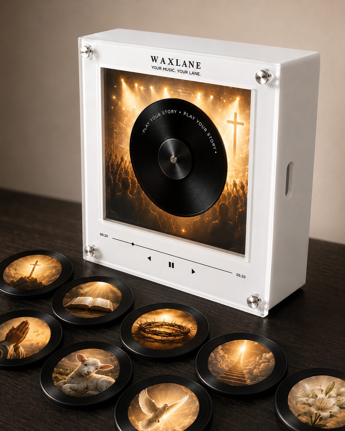 The Worship Edition on a dark wooden table with its nine faith discs laid out.