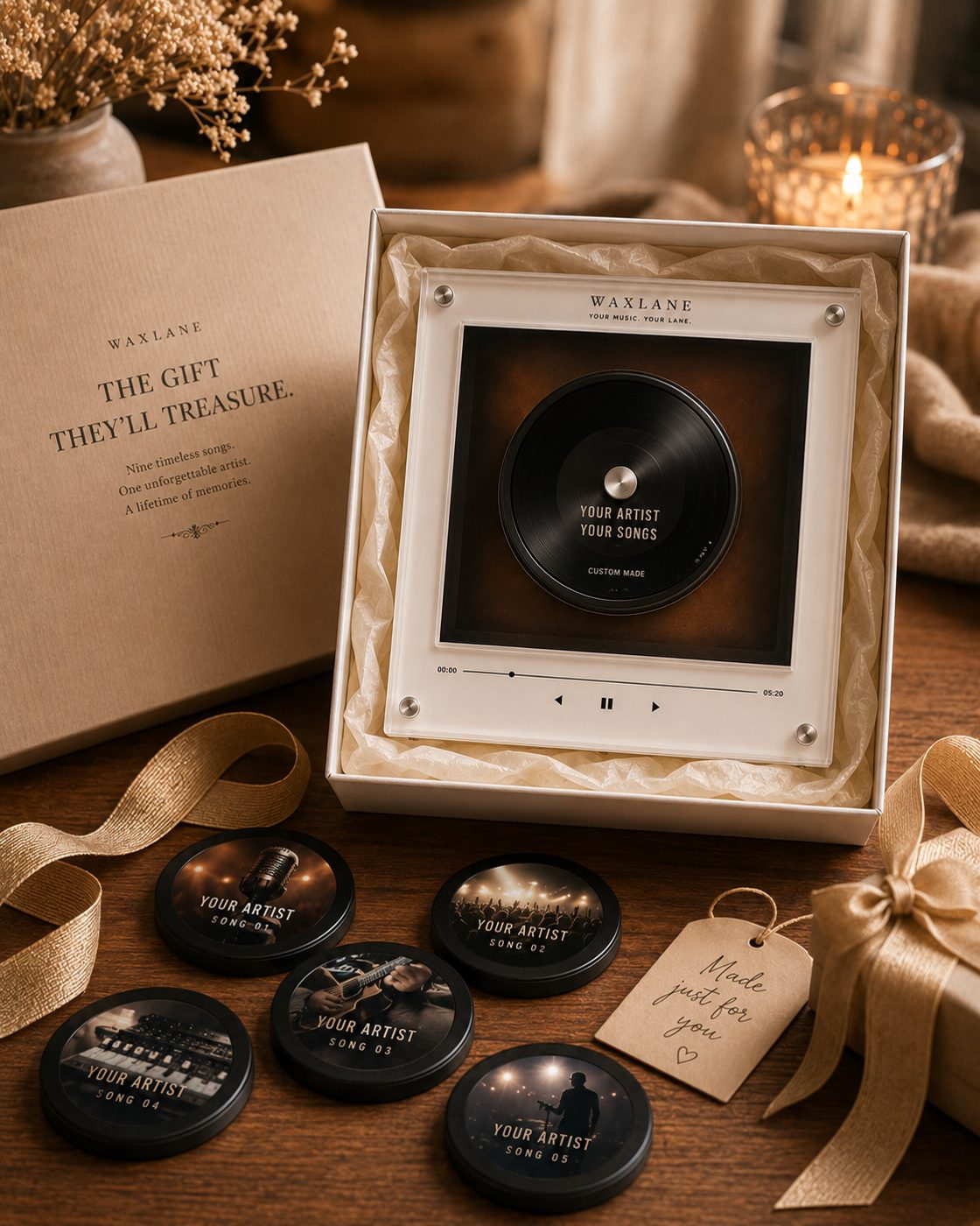 A Waxlane player in its gift box with a ribbon and tag.