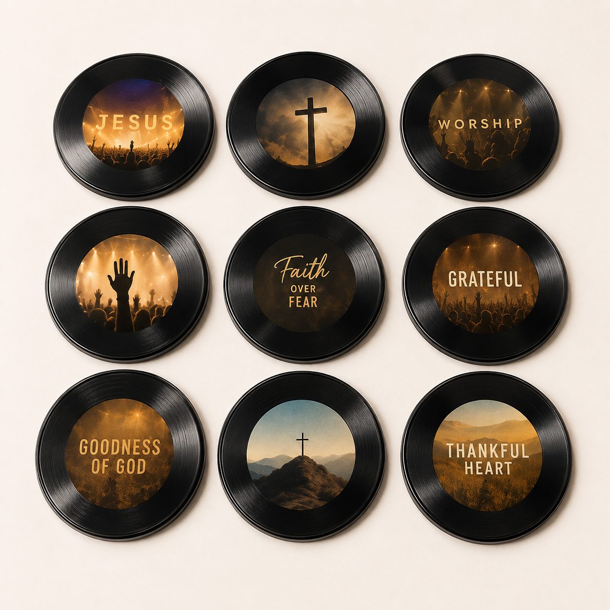 The nine Worship Edition discs laid out in a grid.
