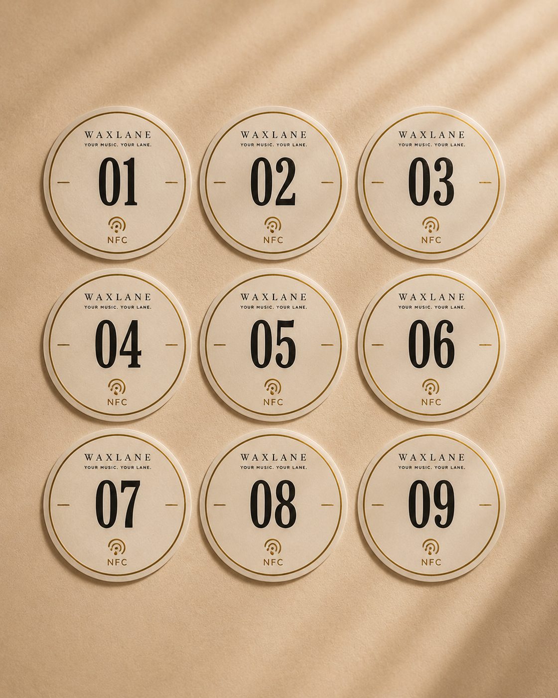 The nine numbered NFC stickers, 01 to 09.